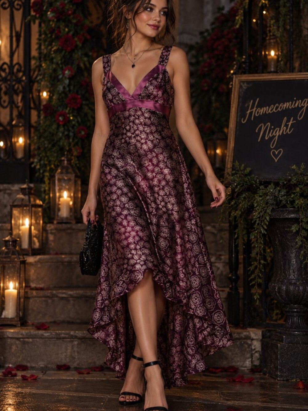 Vintage 90s La Belle Burgundy Rose Floral Satin High Low Midi Dress Size 13